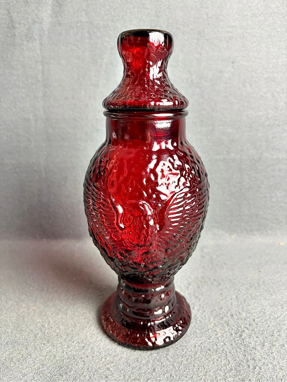 Vintage  Wheaton Ruby Red Glass Apothecary Jar Lidded Eagle Embossed  10"